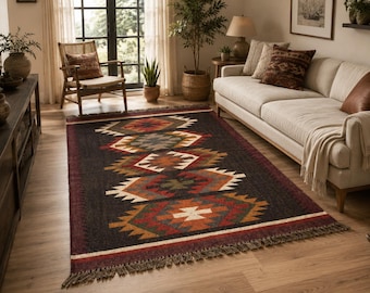 Tappeto Kilim vintage, tappeto tribale in lana e iuta in stile sud-occidentale, tappeto boho fatto a mano, tappeto geometrico in stile rustico, decorazione per pavimenti rustici