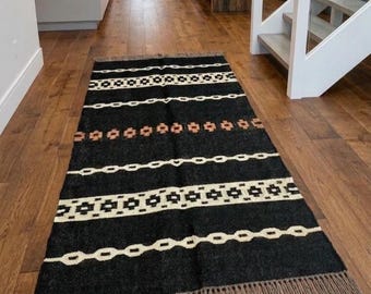 Black Tribal Area Rug, Handmade Kilim Area Rug, Southwestern Living Room Rug, Boho Geometric Carpet, Farmhouse Floor Decor