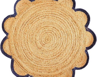 Alfombra redonda de yute con borde festoneado, alfombra de fibra natural, alfombra estilo boho, alfombra trenzada tejida a mano, decoración rústica de granja, alfombra ecológica para el suelo