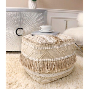 Bohemian Pouffe, Tufted Beige Ottoman, Moroccan Style Pouf, Natural Cotton Square Floor Cushion, Boujad Boho, Foot Stall, Kilim Cushion