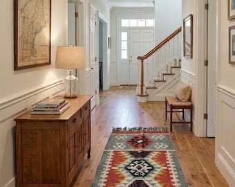 Handwoven Tribal Runner Rug, Wool Jute Hallway Runner, Southwestern Entryway Rug, Boho Farmhouse Carpet, Geometric Kilim Runner