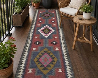 Handmade Kilim Runner Rug, Wool Jute Geometric Hallway Runner, Boho Southwestern Tribal Runner, Farmhouse Entryway Stair Rug