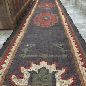 Handwoven Wool Jute Kilim Runner Rug: Bohemian Stair Decor