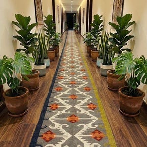 May include: A long, rectangular runner rug featuring a grey base with a repeating geometric pattern in white, orange, and dark blue. The rug has a fringed edge and is positioned in a hallway lined with various potted green plants on both sides.