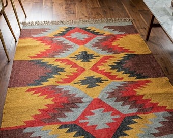 Handwoven  Southwestern Kilim Area Rug, Colorful Tribal Wool Jute Rug, Boho Geometric Carpet, Vintage Farmhouse Living Room Decor