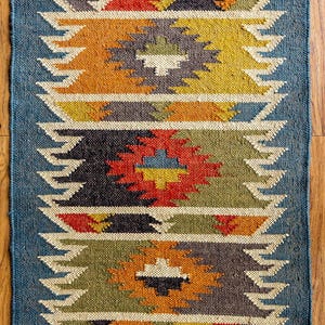 Handwoven Kilim Rug: Tribal Geometric Wool Rug with Fringe