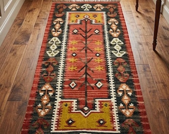 Vintage Kilim Runner Rug, Red Tribal Wool Rug, Handmade Boho Hallway Runner, Southwestern Geometric Carpet, Rustic Farmhouse Entryway Rug