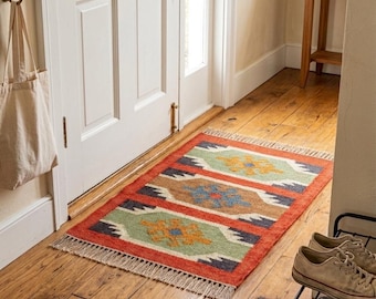 Handmade Kilim Runner Rug, Geometric Wool Hallway Runner, Red Blue Flatweave Rug, Entryway Kitchen Bedroom Runner