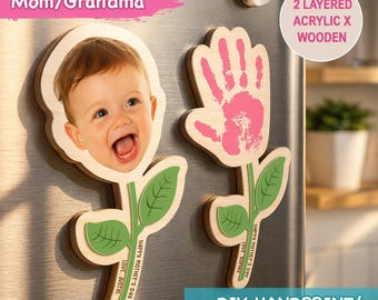 Personalized Baby Face Handprint Flower Magnet, New Mom Gift, Mothers Day Gifts From Kids, Gift For Grandma, New Grandma Gift