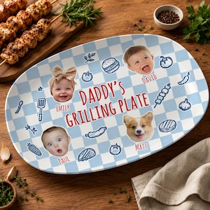 May include: An oval serving plate with a light blue and white checkered pattern, featuring the text "DADDY'S GRILLING PLATE" in red. The plate includes photographic portraits of three children and a dog, labeled Emily, David, Paul, and Matt.