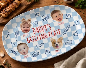 Personalized Pet & Kids Photo Dads Grilling Plate, Baby Face Photo Platter, BBQ Dad Gift For Husband, Grandpa Gift,  Fathers Day Gift Idea