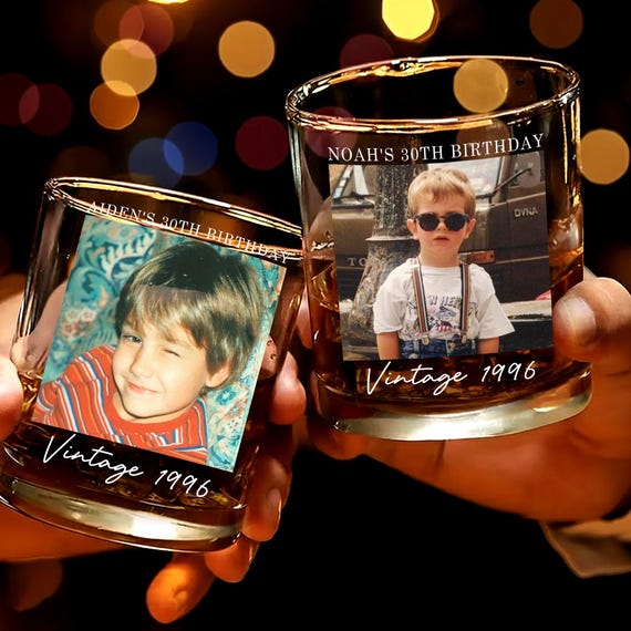 Personalized Vintage Photo Whiskey Glass, Custom Photo 30th Birthday Bar Glass, Funny Childhood Photo Glass, Birthday Party Wine Glass