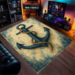 nautical anchor rug,marine decor rug,vintage look anchor rug,anhor rug,coastal style rug,blue anchor mat,sea theme rug,nautical theme mat
