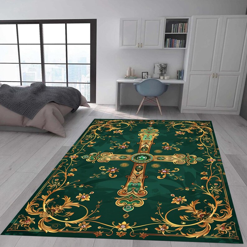 Christian Prayer Rug,green and Gold Christian Prayer Mat,luxury ...
