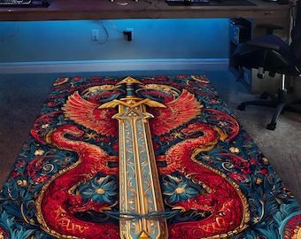 Epic Sword Dragon Rug: Fantasy RPG Game Room Decor