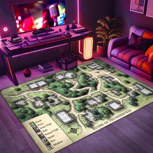 fantasy battlemap rug, ruins of thundertree map, dnd grid carpet, tabletop rpg floor mat, medieval ruins map rug, forest path layout