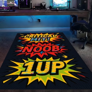 Comic Gamer Rug, Critical Hit Noob 1UP Rug, Retro Gaming Carpet,Arcade Rug,Pop Art Style Gamer Mat, Colorful Game Room Decor, Funny Teen Rug