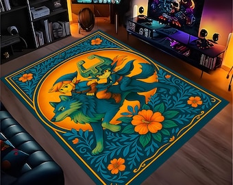 Puede incluir: Una alfombra rectangular con una colorida ilustración de un personaje montando un lobo, sobre un fondo naranja. La alfombra tiene un borde verde azulado con patrones florales y de hojas, y flores naranjas. El diseño recuerda a un videojuego.