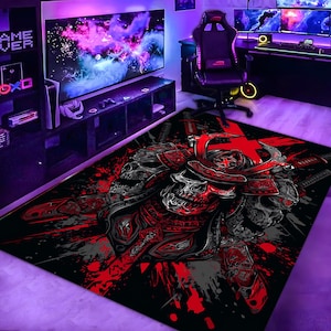 Samurai Skull Rug for Gamers, Red Black Japanese Warrior Art,Gamer Room Rug, Tattoo Style Rug, Game Room Rug,Anime Style Game Rug,Modern Rug
