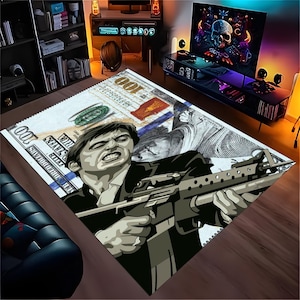 scarface rug,tony montana rug,money themed rug,gangster movie rug,dollar print rug,mafia decor rug,classic film rug,retro gangster rug
