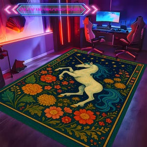 unicorn floral rug,magical unicorn rug,fantasy flower rug,whimsical room decor,colorful unicorn rug,colorful floral rug,living room rug