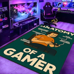 Funny Gamer Anatomy Rug, Cartoon Gaming Floor Mat,Geek Decor Rug with Text, Game Room Meme Style Carpet for Gamers,Gaming Room Rug,Gamer Rug