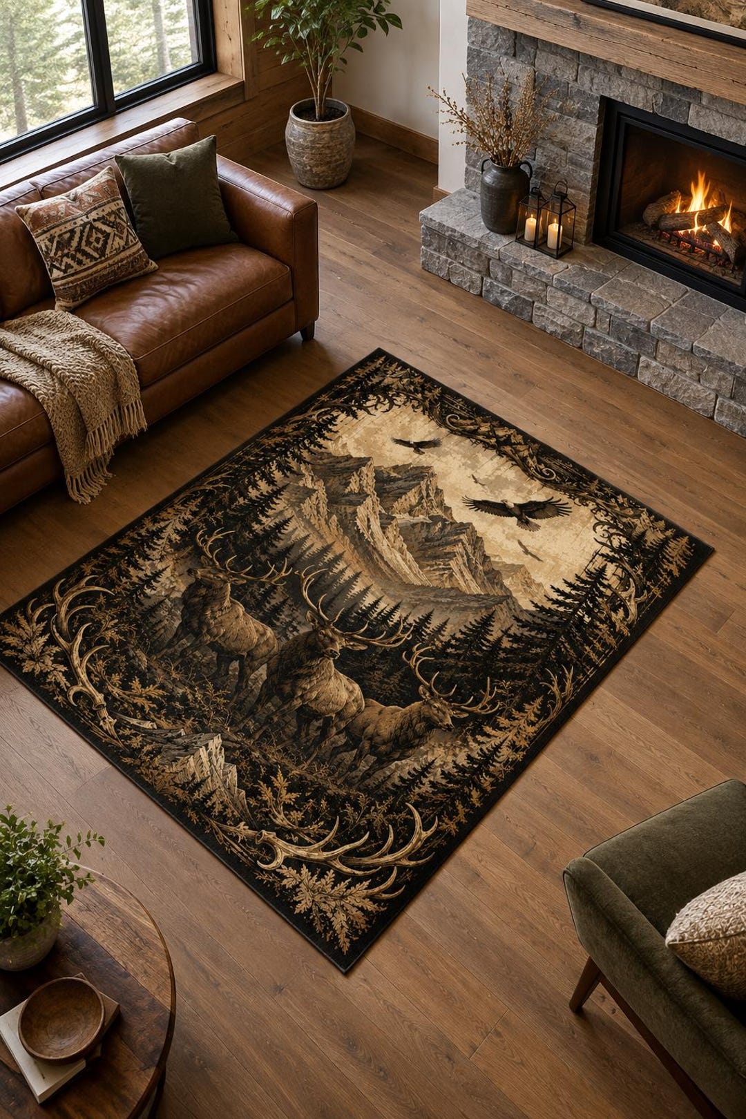 Rustic Elk Rugs Elk Mountain Rug, Woodland Wildlife Area Rug, Rustic Lodge Decor ...