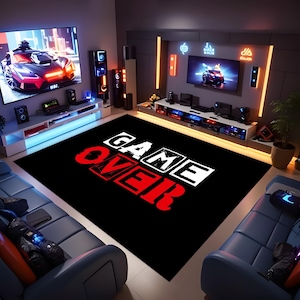 Game Over Rug, Pixel Gaming Room Rug, Retro Arcade Style Mat, Black Gamer Rug,Kids Room Video Game Decor, Pixel Art Rug,Gamer Rug,Modern Rug