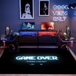 Game Over Rug, Pixel Gaming Room Rug, Retro Arcade Style Mat, Black Gamer Rug,Kids Room Video Game Decor, Pixel Art Rug,Gamer Rug,Modern Rug