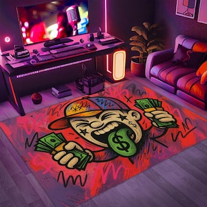 Graffiti Pop Art Rug: Dollar Sign Tongue Design, Hip Hop Decor