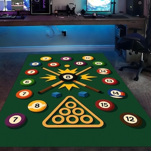 Billiards rug, 8 ball pool rug, kids room game rug, colorful billiard floor decor, gaming rug, boys room sports style area rug