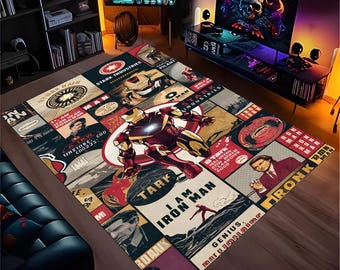 Könnte beinhalten: Rechteckiger Teppich mit Iron Man-Motiv. Das Design enthält verschiedene Bilder und Text, darunter "I AM IRON MAN" und "STARK INDUSTRIES". Die Farbpalette umfasst Rot, Gold und Schwarz.
