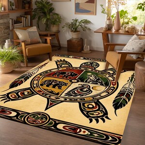May include: A rectangular area rug featuring a central circular design divided into four quadrants with illustrations of a buffalo, a wolf, a bear, and an eagle. The rug has a cream background with black, red, and green accents and feather motifs.