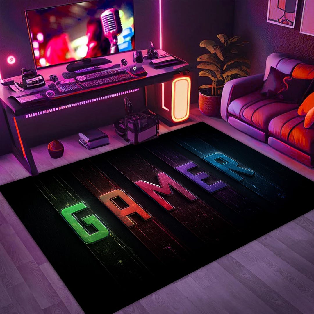 Gamer Rug, Neon Gamer Word Rug, Colorful Gaming Room Rug, Video Game ...