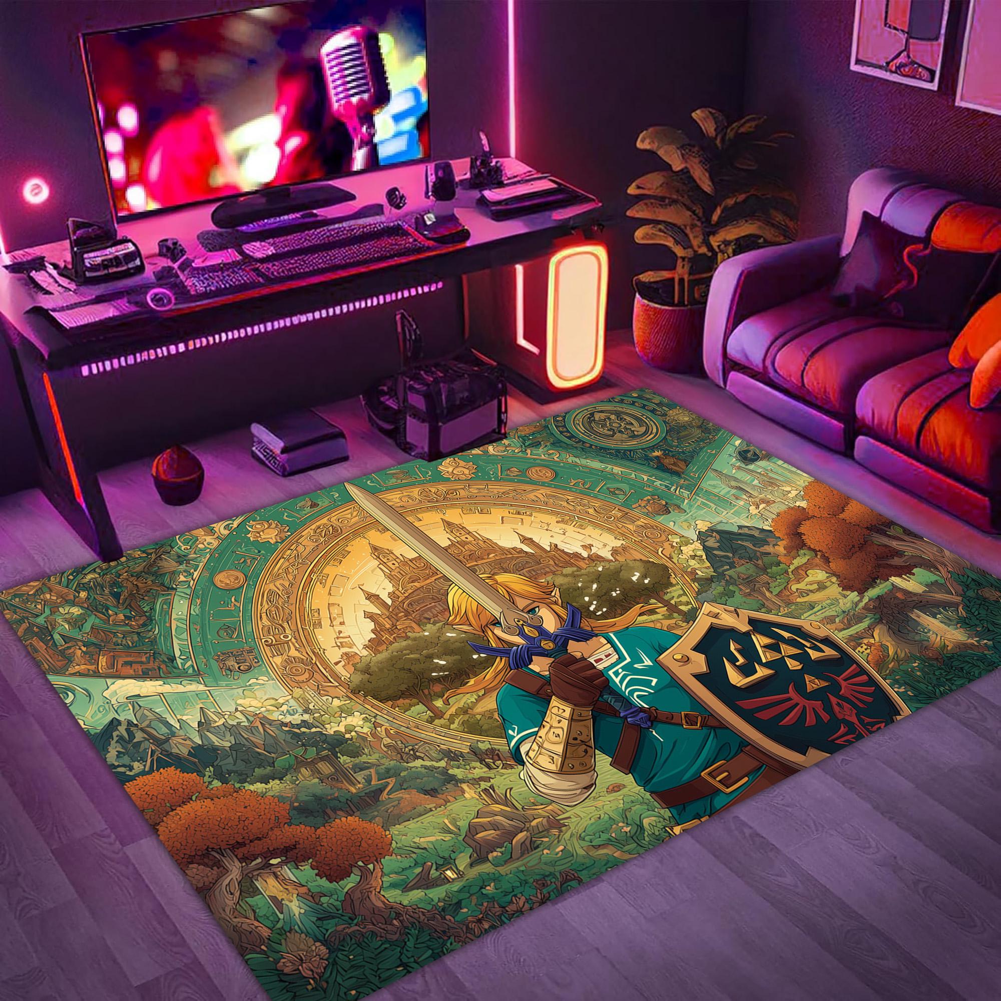 Zelda Rug,Legendary Gaming Rug, Fantasy Game Carpet, Sword and Shield Mat, Video Game Rug, Heroic Game Room Decor, Fantasy Adventure Rug