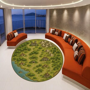 May include: A round area rug featuring a detailed illustrated map of a fantasy landscape with green forests, winding paths, mountain ranges, a blue coastline, and several stone castles and small village houses scattered across the terrain.