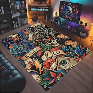 tattoo rug,vintage printed tattoo rug,tattoo parlor rug,gamer room rug,old school tattoo rug, traditional american tattoo rug,tattoo carpet