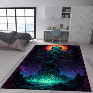 Lovecraft Gamer Rug with Cthulhu Tentacles and Cosmic Horror Design, Eldritch Monster Rug for Game Room, Dark Myth Gaming Rug,Game Room Rug