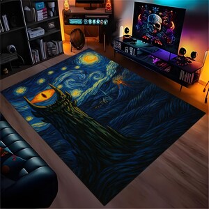 May include: A large rectangular area rug featuring a stylized depiction of a starry night sky with a prominent eye and claw-like structure. The rug's design incorporates dark blues, yellows, and greens, creating a dramatic and artistic aesthetic.