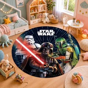 May include: A circular area rug featuring a Star Wars graphic with Darth Vader holding a glowing red lightsaber, a Stormtrooper, and Boba Fett against a dark blue space background with white lines radiating from the centre of the design.