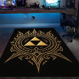Fantasy Symbol Rug, Golden Rune Rug, Black and Gold Gamer Rug, Magic Circle Carpet, Gaming Room Decor, Tribal Crest Rug, Modern Geek Mat