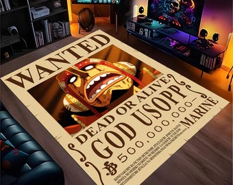 May include: A rectangular rug featuring a "Wanted" poster design with the character God Usopp from the anime series One Piece. The poster has a beige background with bold text and a detailed illustration.