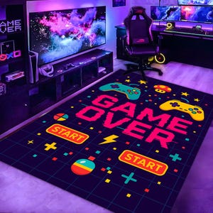 Game Over Rug, Pixel Gaming Room Rug, Retro Arcade Style Mat, Black Gamer Rug,Kids Room Video Game Decor, Pixel Art Rug,Gamer Rug,Modern Rug