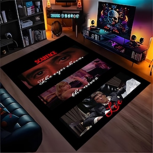 scarface rug,tony montana rug,gangster movie rug,mafia movie decor,cinematic rug,classic movie rug,80s film rug,al pacino rug,the eyes rug