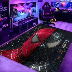 Spiderman Rug, Red Black Spider Mask Carpet, Gamer Room Rug, Gaming Setup Mat, Superhero Spiderman Floor Rug, Geek Decor Rug,Teen Room Rug