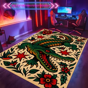 crocodile tattoo rug,retro animal rug, bold gator rug,tattoo parlor rug,old school tattoo rug, traditional american tattoo rug,tattoo carpet
