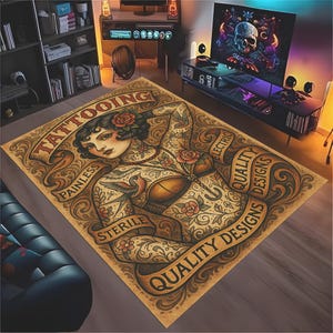 tattoo rug,vintage printed tattoo rug,tattoo parlor rug,gamer room rug,old school tattoo rug, traditional american tattoo rug,tattoo carpet
