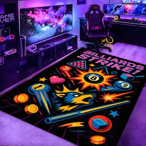 Billiards rug, 8 ball pool rug, kids room game rug, colorful billiard floor decor, gaming rug, boys room sports style area rug