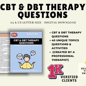 Könnte beinhalten: Ein digitales Download-Produkt mit dem Titel "CBT & DBT Therapy Questions" für Fachkräfte im Bereich psychische Gesundheit. Das Bild zeigt ein blaues Büchlein mit einer Cartoon-Illustration und dem Text "Questions". Zusätzlicher Text enthält "40 einzigartige Themen" und "verifizierte Kunden".