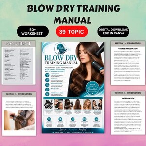 Peut inclure: Un manuel de formation numérique au brushing comprenant plus de 50 fiches et 39 sujets. La couverture montre une personne aux longs cheveux bruns utilisant un sèche-cheveux et une brosse ronde, avec du texte sur les techniques de coiffage.